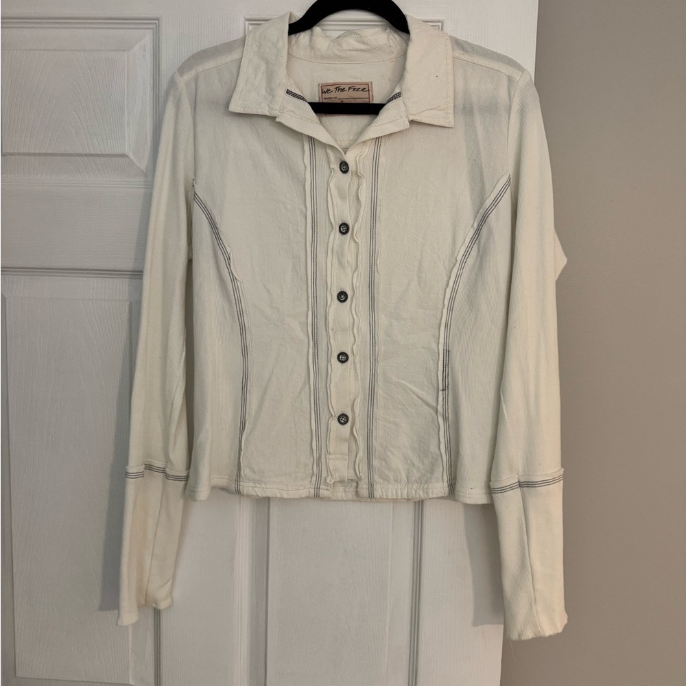 We The Free Cream Button-Front Shirt with Dark Stitch Accents